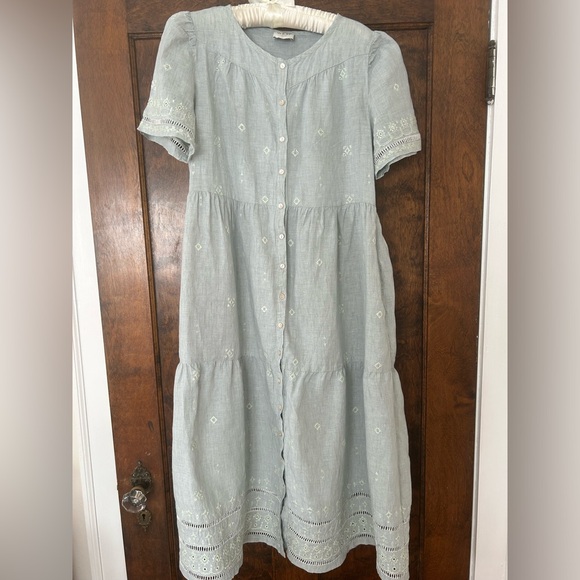 NWOT Wrap London Light Blue Teal Linen Embroidered Dress - Picture 5 of 9